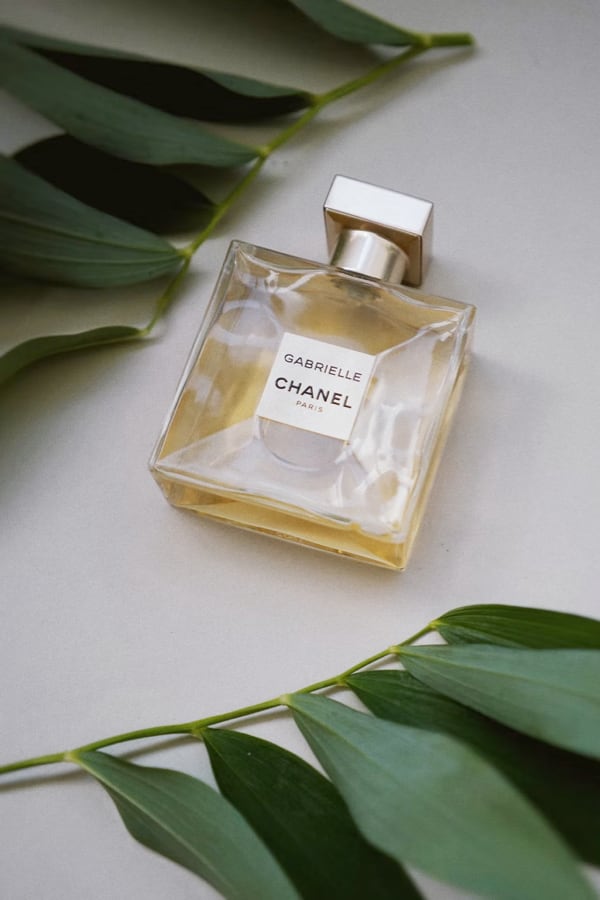 Bottle of chanel perfume next to leaves